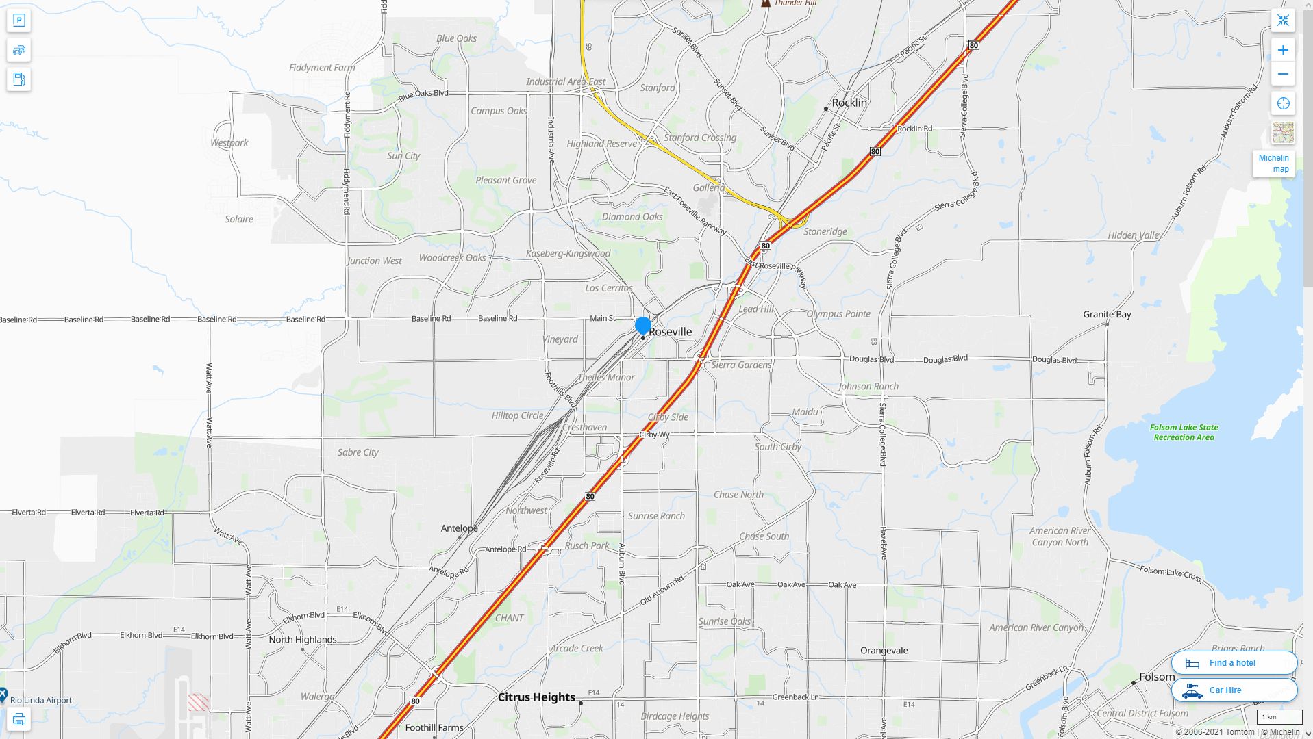 Roseville California Highway and Road Map